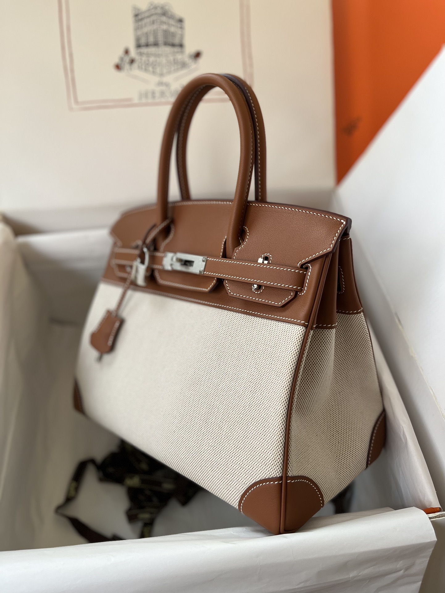 에르메스 버킨백30 톨리 골드브라운 은장 캔버스 스위프트